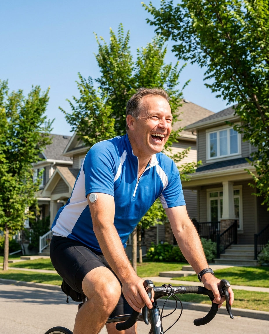 A man in his fifties cycling on a tree-lined residential street