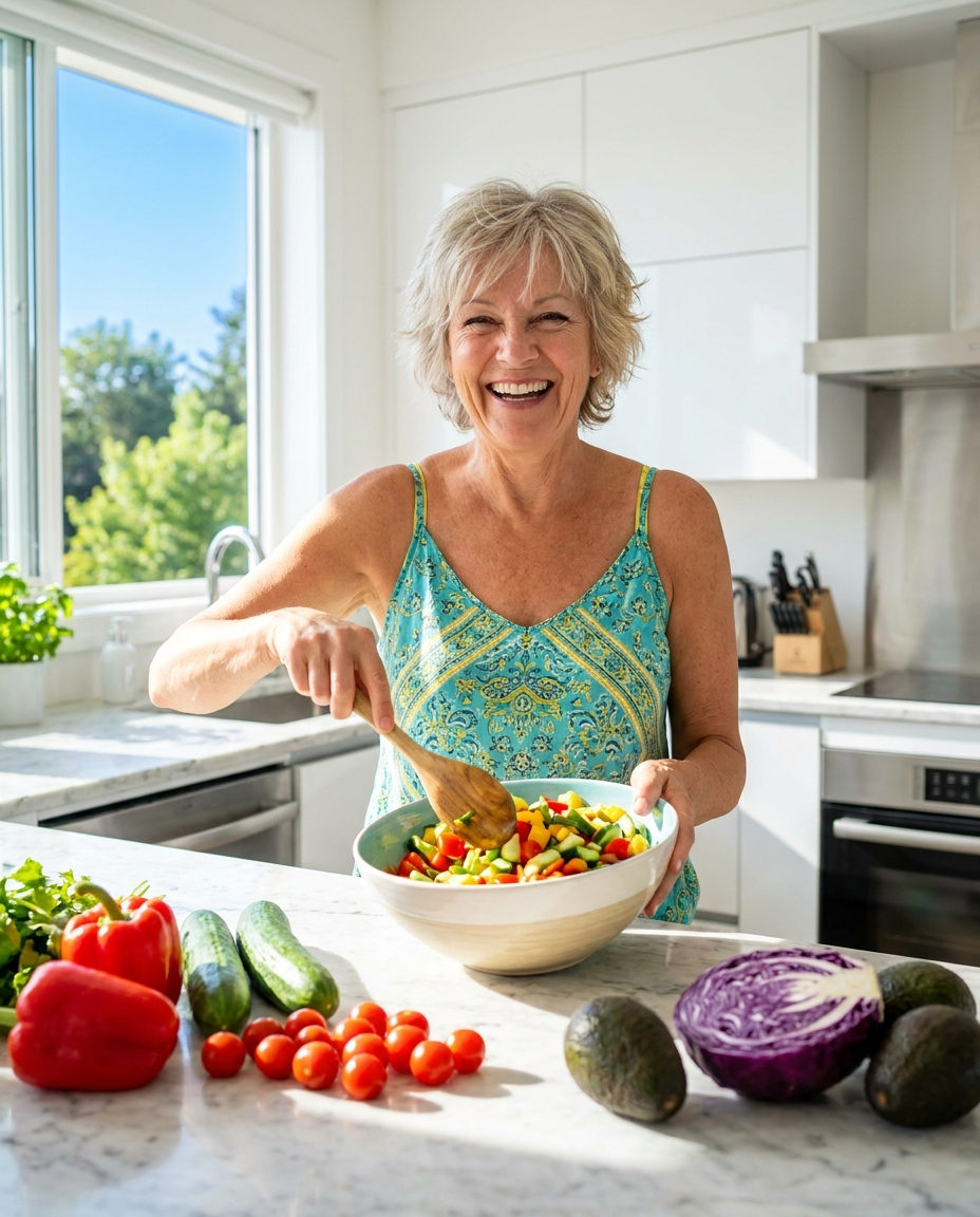 A woman in her sixties laughing while making a salad in a bright kitchen