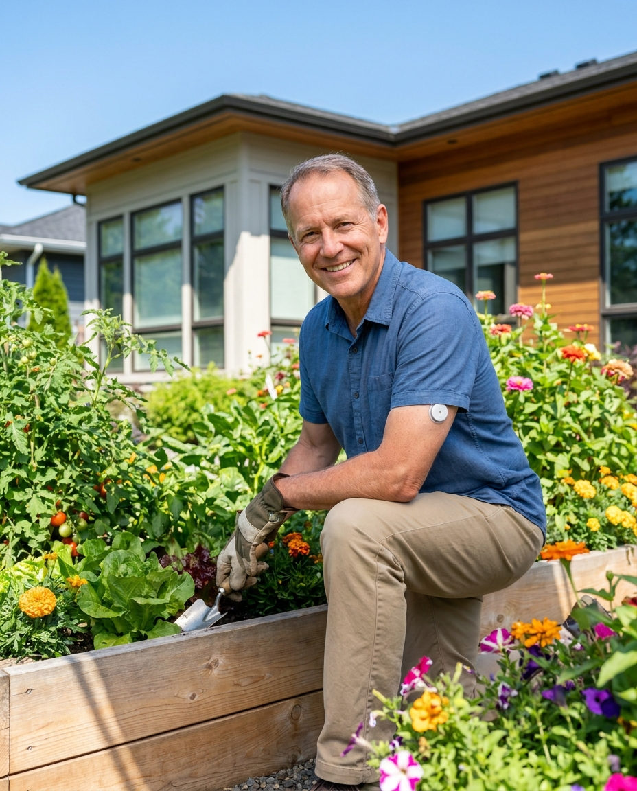A man in his fifties tending a raised vegetable bed in his backyard