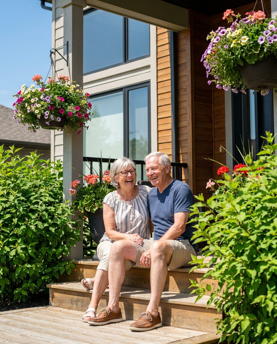 A couple in their late sixties laughing on the front porch of their home