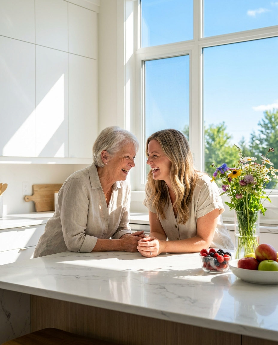 A grandmother and her adult daughter laughing together in a sunlit kitchen