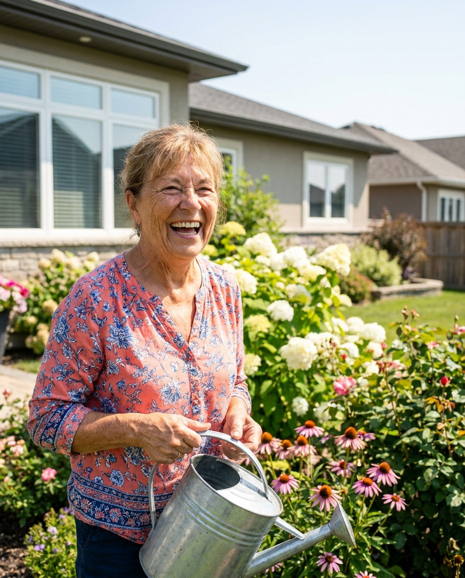A woman in her sixties laughing in her garden on a summer afternoon
