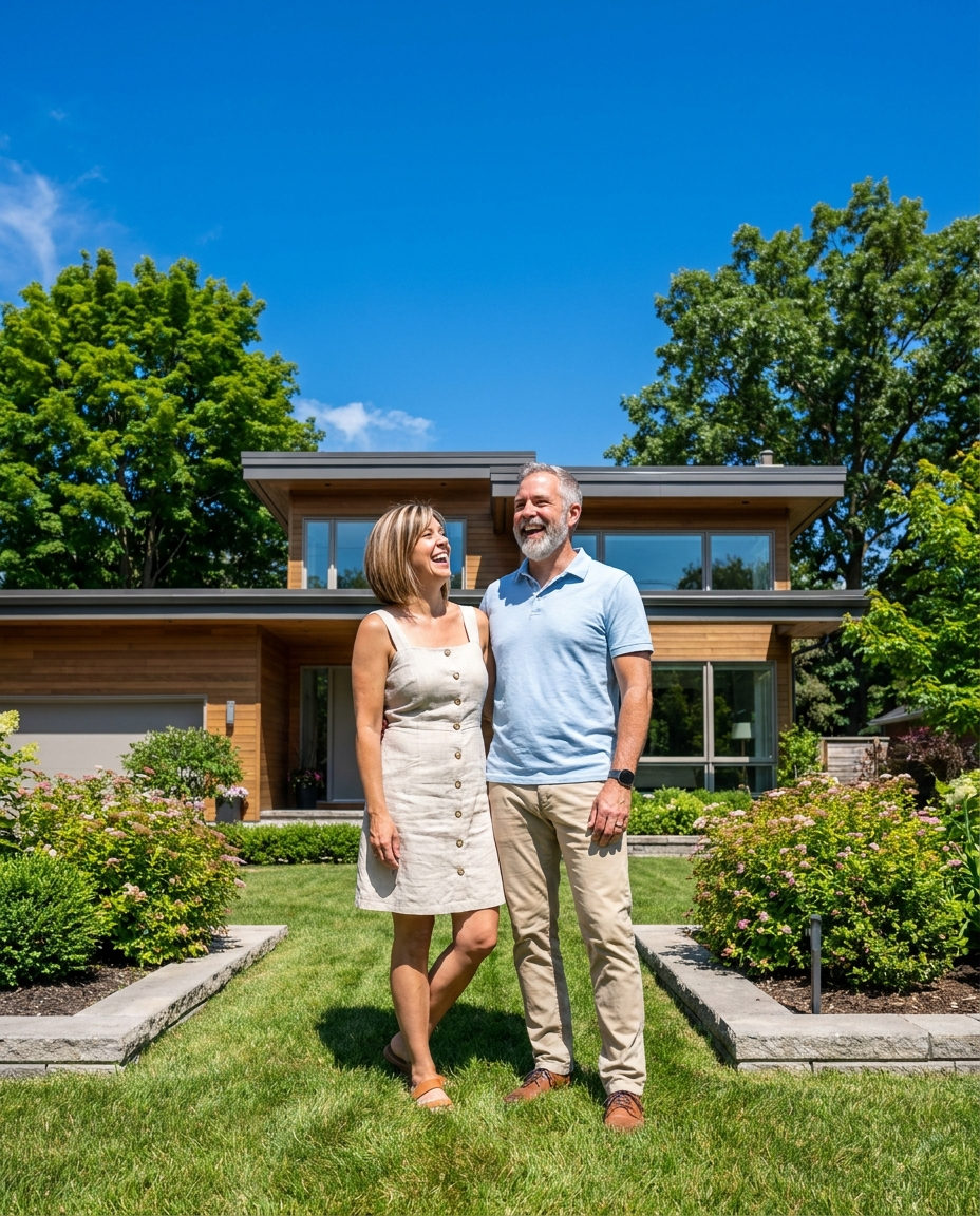 A couple in their fifties standing on the front lawn of their home