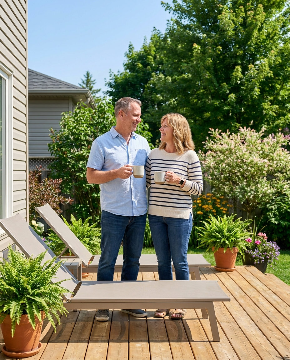 A couple in their fifties having coffee together on their back deck on a summer morning
