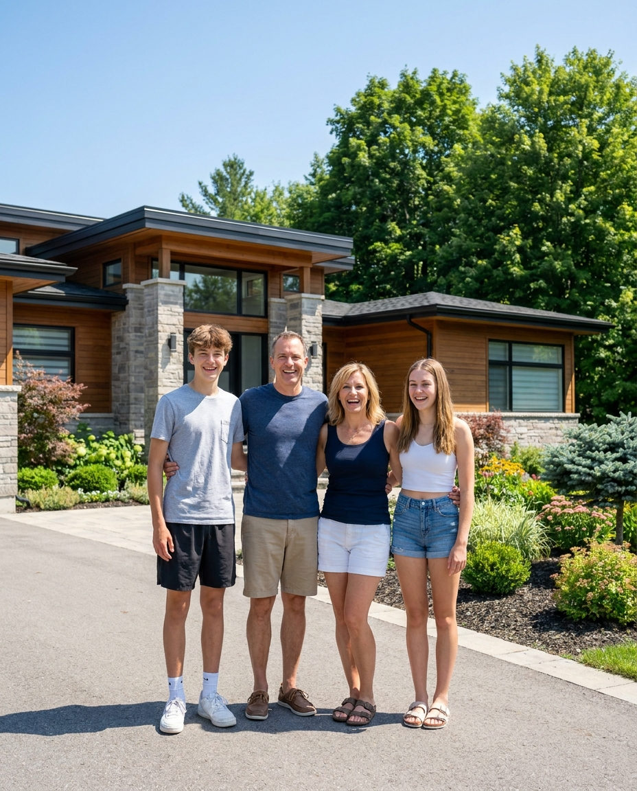 A family of four standing together on the driveway of their home in summer